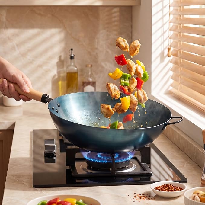Sweetcrispy 13.5 Inch Carbon Steel Wok Pan, Pre-Seasoned Flat Bottom No Chemical Coating Pow Wok, Compatible with Induction, Electric, Gas and Open Fire, Ideal for Home Cooking and Camping, Blue