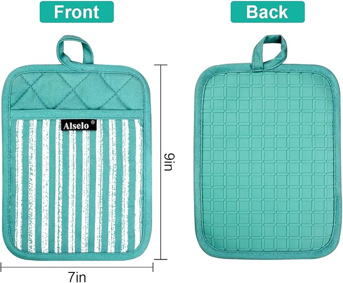 Alselo Silicone Pot Holders Set of 3 Heat Resistant & Non Slip Potholders | Professional Oven Hot Pads with Pockets Mitts for Kitchen Cooking Baking Barbecue (Green, 3)