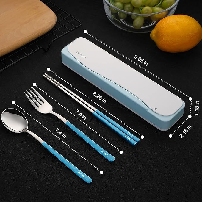DEVICO Travel Utensils with Case, 4Pcs Portable Silverware Set for Work, 18/8 Stainless Steel Reusable Cutlery, Korean Spoon and Chopsticks Fork for Camping, School, Lunch Box Accessories (Blue)