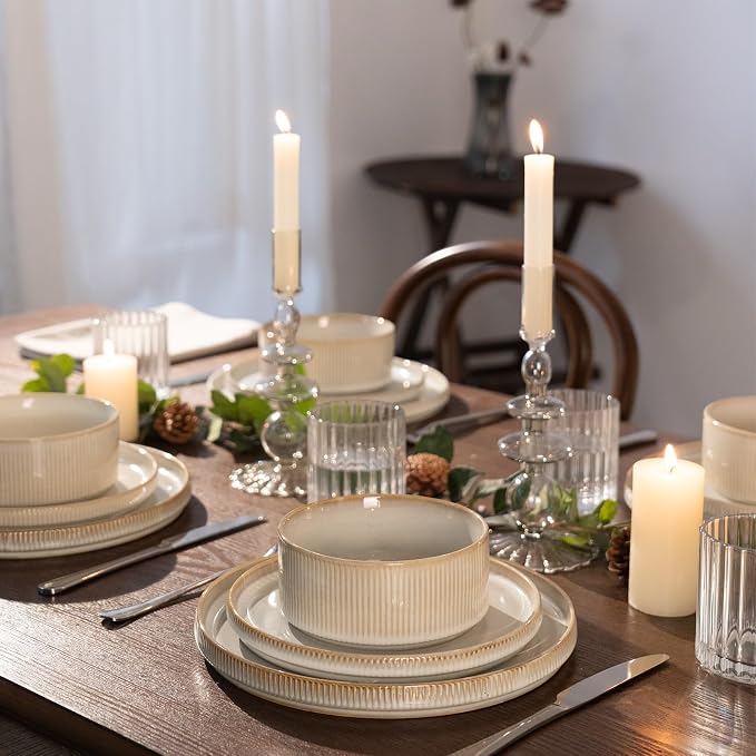 Famiware Star Stoneware Dinnerware Set, Reactive Glaze Plates & Bowls for 4 | 12 pcs Handmade Ribbed Dishes, Chip & Scratch Resistant Ceramic. Microwave & Dishwasher Safe, Modern Luxury, Cappuccino White