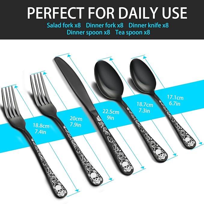Skull Black Silverware Set for 8, 40-Piece Black Flatware Set, Gothic Skeleton Cutlery for Decoration, Halloween, Christmas, Party, Gift, Housewarming