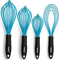 Anaeat Silicone Kitchen Whisk Set of 4, Perfect for Non-Stick Cookware, Milk and Egg Beater Blender for Whisking, Cooking, Baking, Beating - 11'' Flat Whisk and 9''+11''+12'' Balloon Whisks (Blue)