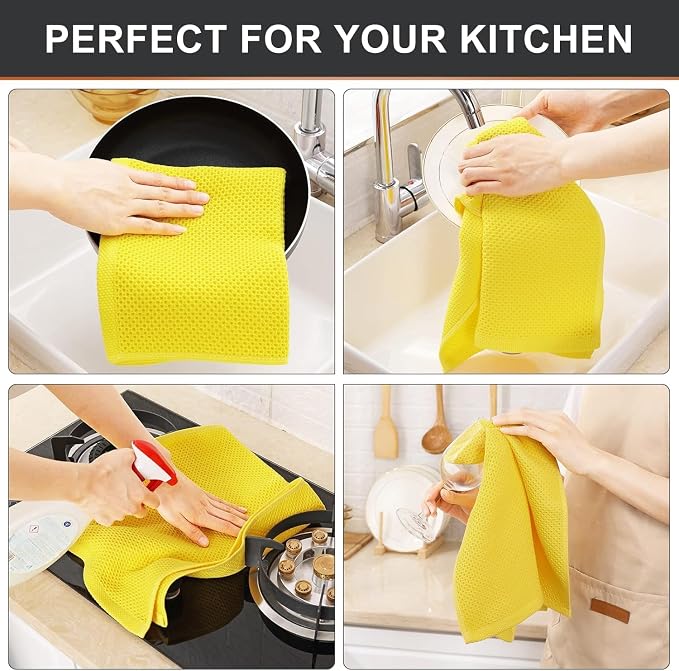 Kitinjoy 100% Cotton Waffle 4-Pack Kitchen Towels, 13" x 28", Yellow | Super Soft, Ultra-Absorbent, Fast Drying, lightweight, Quick Drying Kitchen Hand Towels