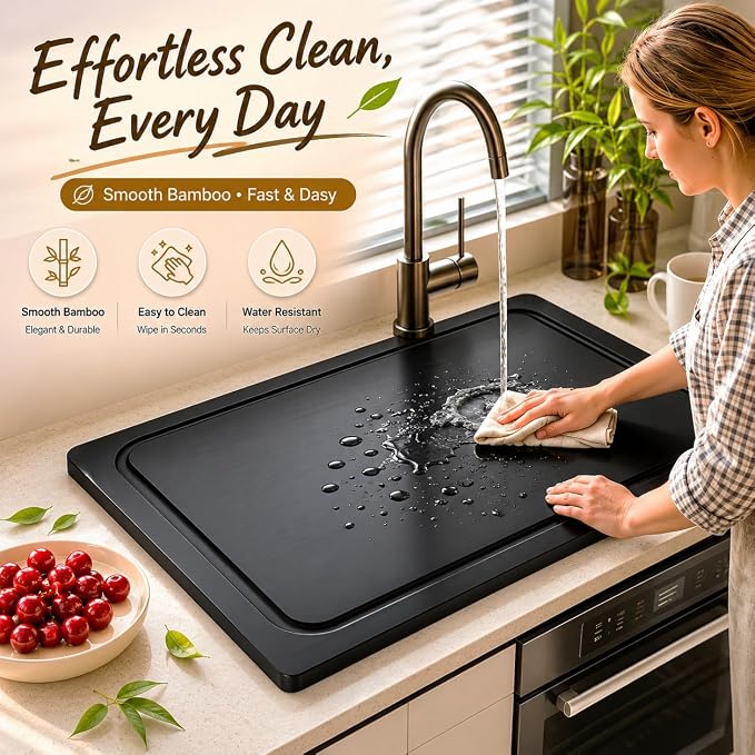 Wooden Noodle Board Stove Cover for Electric Stove & Gas Range, 27.56 x 19.69 In, Lightweight Stovetop Cover with Built-In Handles, Juice Groove & Smooth Flat Top for Extra Counter Space