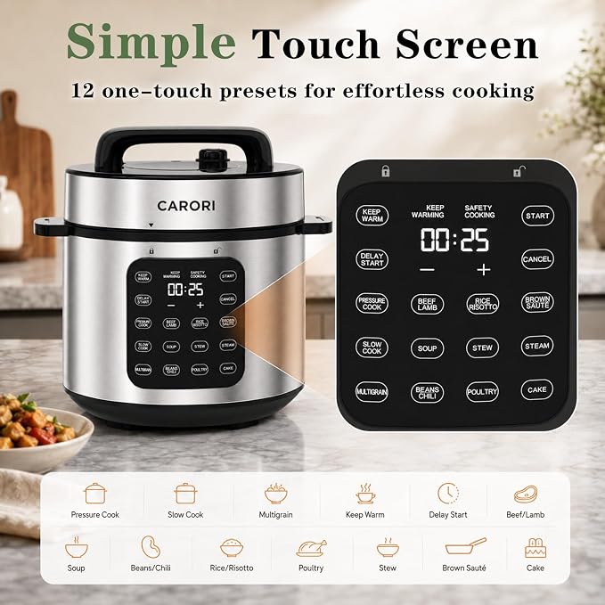 CARORI 6 Qt Electric Pressure Cooker, 9-in-1 Multi-Cooker with IMD Touchscreen, 24H Delay Start, Nonstick Ceramic Pot, Rice Cooker, Slow Cooker, Steamer, Sauté, Silver