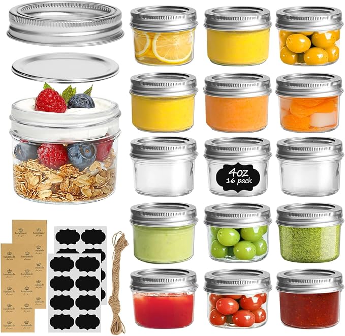 ComSaf 4 oz Mini Mason Jars Bulk Set, 16 Pack Glass Jars with Lids | BPA-Free Materials, Spice Rack, Small Jam, Honey Samples, Wedding Favors, DIY Candles, Labels and Twine