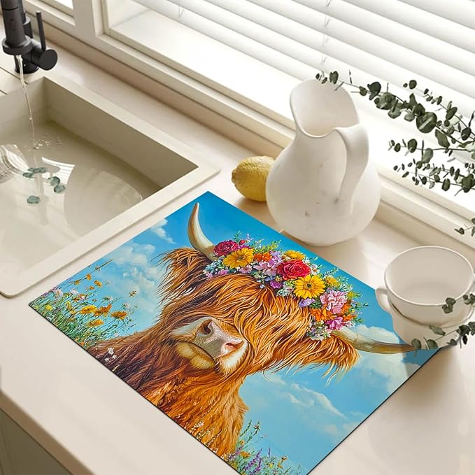HOMETITUTE Highland Cow Stove Top Cover 28x20 Floral Diatomite Mat