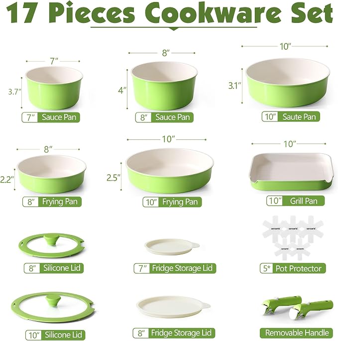 SENSARTE 17 Piece Ceramic Detachable Handle Pots and Pans Set Green | Ceramic Cookware Set, Induction Cookware Set with Removable Handle, Healthy Non Stick for RV, Dishwasher ＆ Oven Safe