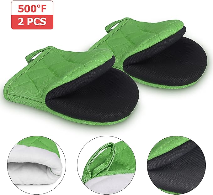 Goldmeet Mini Oven Mitts 2-Pack, 7"x5.5", 500°F Silicone Grip, Dark Green | Non-Slip, Heat Resistant, Machine Washable, Hanging Loop, Fits Small Hands, for Baking Grilling BBQ Cooking