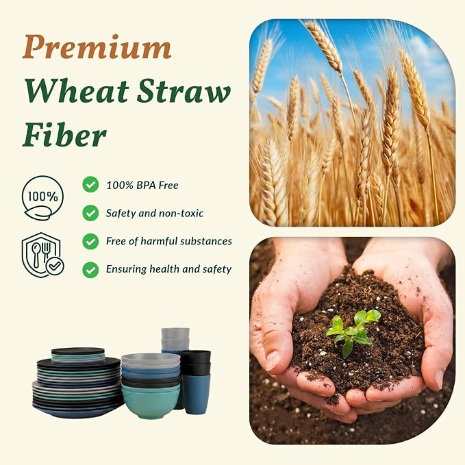 40 Piece Premium Wheat Straw Dinnerware Sets for 8 Unbreakable Plates and Bowls Sets Microwave and Dishwasher Safe Dinner Plates Set Camping, Apartment, Kids, Outdoor, RV, Party-Nightscape