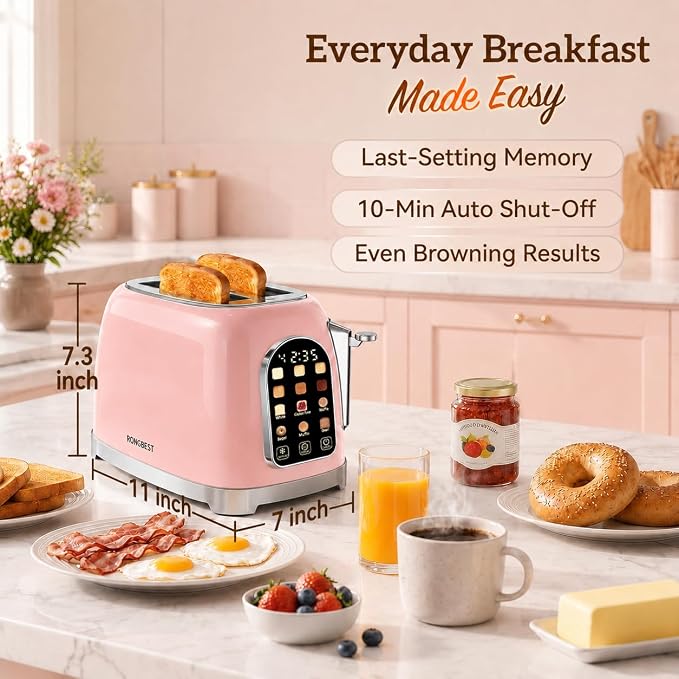 RONGBEST Retro Toaster 2 Slice Stainless Steel with Wide Slot Touchscreen for Breakfast Bagel & Bread, Reheat & Defrost, 6 Browning Levels, Removable Crumb Tray, Blush Pink