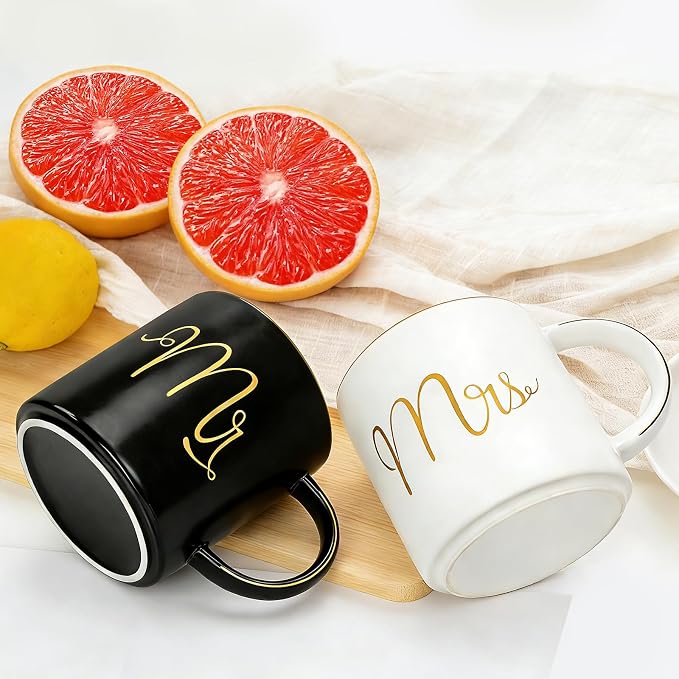 Cheardia 12 oz / 360 ml Mr. and Mrs. Mug, Ceramic Coffee Couple Mug Set | His and Hers Mugs for Bride and Groom, Anniversary, Valentines, Bridal Shower, Engagement Gifts, Black & White