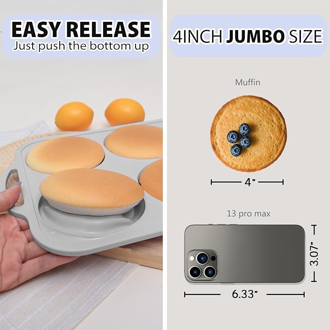 4 Inch Jumbo Silicone Muffin Top Pan with Frame Non Stick Egg Mold Baking | Silicone Egg Mold for Oven, Large Whoopie Pie Baking Pan with Handle for English Breakfast Sandwich Egg Bite Bun Tart Vnray