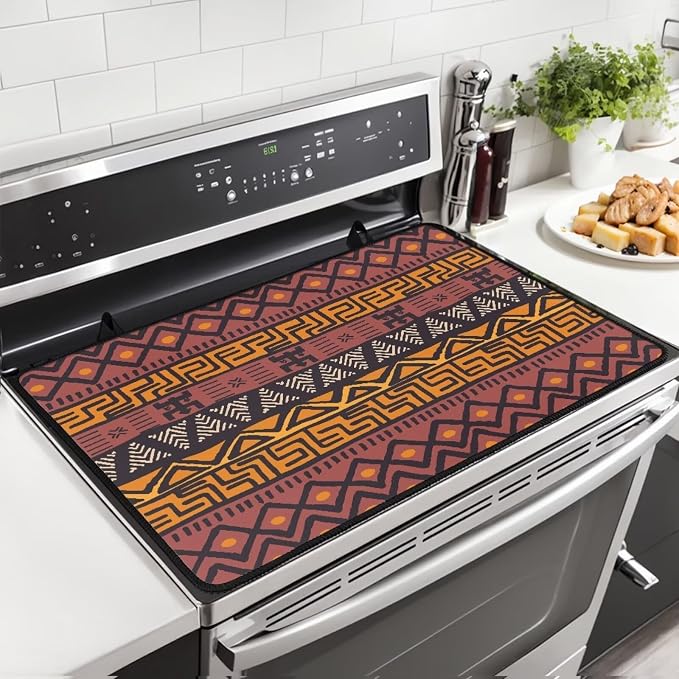African Tribal Stove Top Covers for Electric Stove | Mud Cloth Pattern, Geometric Ethnic, Glass Top Gas Stove Pad, Heat Resistant, Range Cooktop Mat for Kitchen, 28"x20"