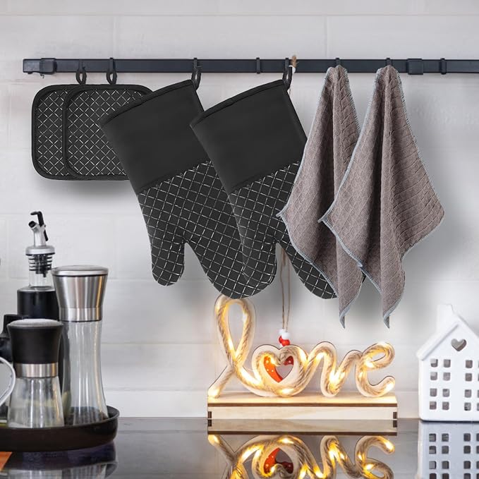 Philorn Oven Mitts and Pot Holders Kitchen Oven Glove | High Heat Resistant 260℃ Extra Long Oven Mitts and Potholder with Non-Slip Silicone Surface for Baking, Cooking, BBQ (Black)