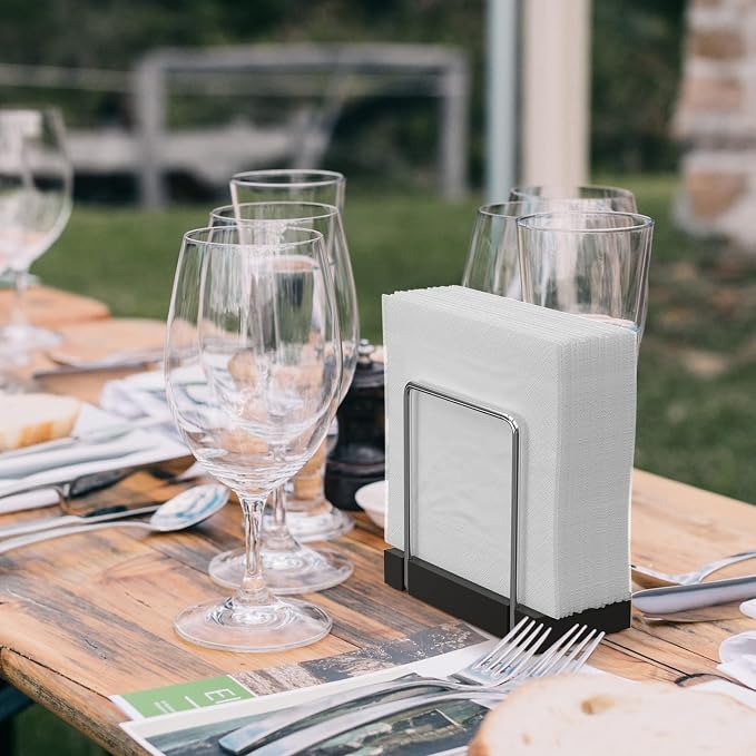 Wican Napkin Holder for Table, Bamboo Iron Standing Napkin Dispenser | Kitchen Dining Table Farmhouse Cocktail Picnic Rustic Wood Holders, Mail Bills, Suitable Dining Room Decors, Silvery & Black
