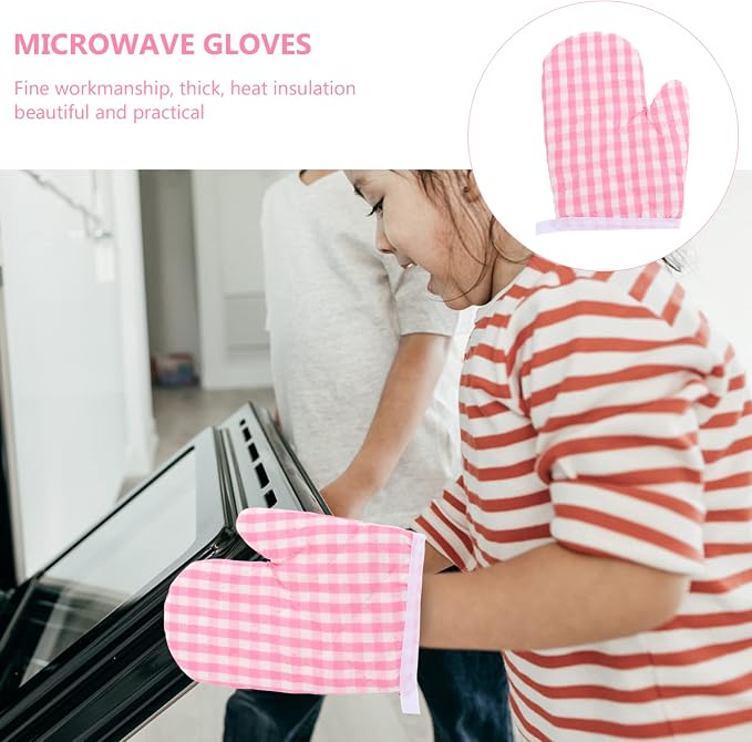 2Pcs Oven Mitts for Play Kitchen, Anti- Scald Gloves Microwave Oven Gloves Kitchen Mitts for Safe Baking Cooking (Pink Checkered)