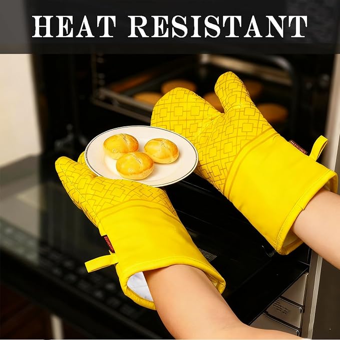 Oven Mitts and Pot Holders Sets 6pcs, Kitchen Oven Glove,High Heat Resistant 550 Degree Extra Long Oven Mitts and Potholders with Non-Slip Silicone Surface for Home Essentials (Grey) (Yellow)