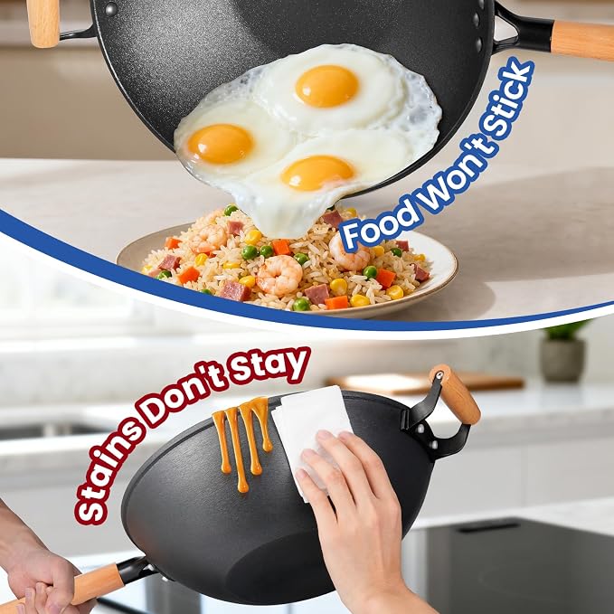 AOSION 13'' Nonstick Wok, Cast Iron Wok with Lid, Wok Pan & Stir-Fry Pans | Chinese Woks Pan With Lid