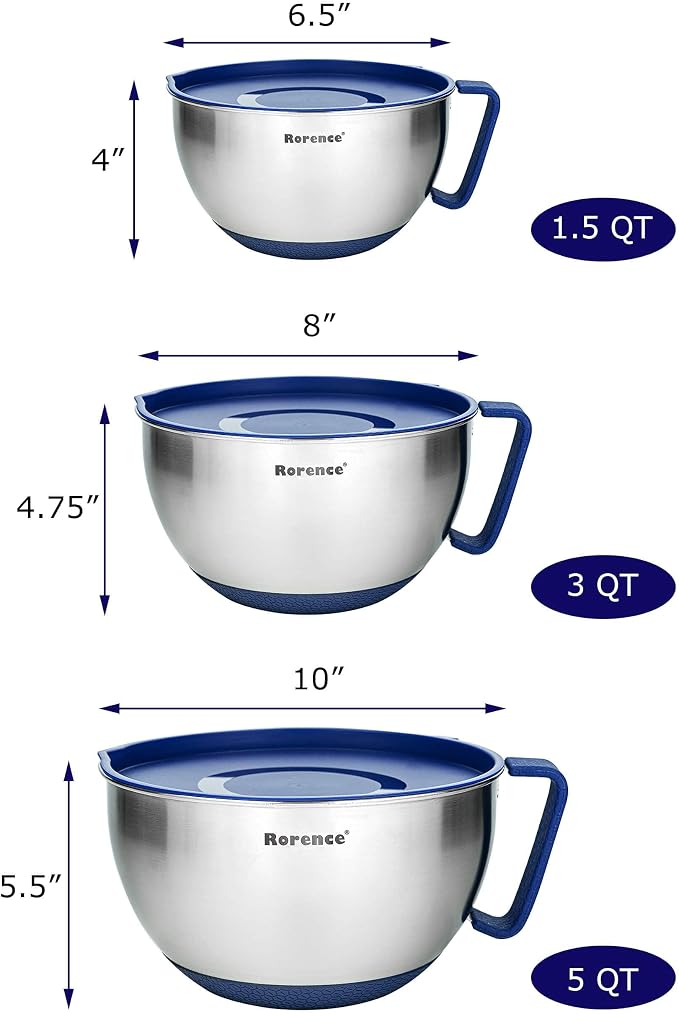 Stainless Steel Mixing Bowls Set with Lids,1.5,3 & 5 Qt,Blue | Non-Slip Silicone Base,Precision Pour Spout,Ergonomic Easy-Grip Handle,Measurement Marks,Airtight Lids,Cooking & Meal Prep