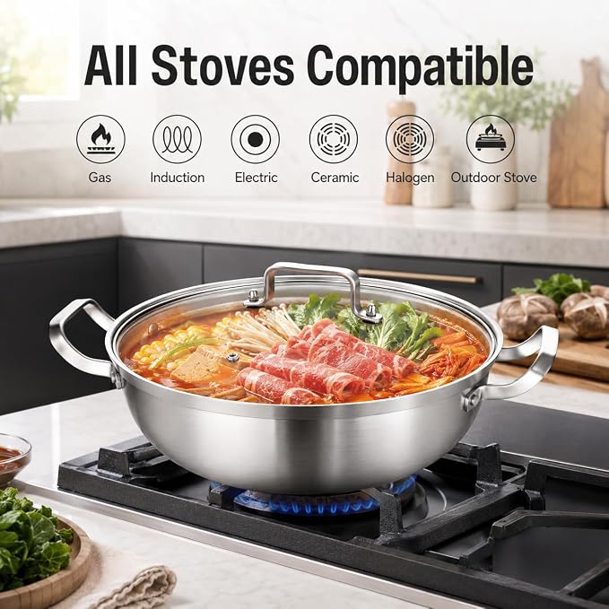 Delarlo Tri-Ply Stainless Steel 12 inch Everyday Pan with Glass Lid, Deep Saute Pan, Kitchen Everything Pan, High Side Chef's Pans, Induction Cooking Pot, Dishwasher Safe, 4QT Stock Pot Up To 600℉