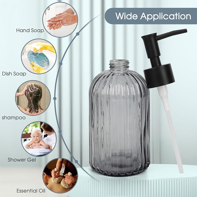 Topsky Glass Soap Dispenser with Plastic Pump, 400ml Liquid Hand Soap Dispenser, Rustproof Pump for Kitchen & Bathroom, Great for Lotions, Essential Oil, Liquid Soaps,Gray