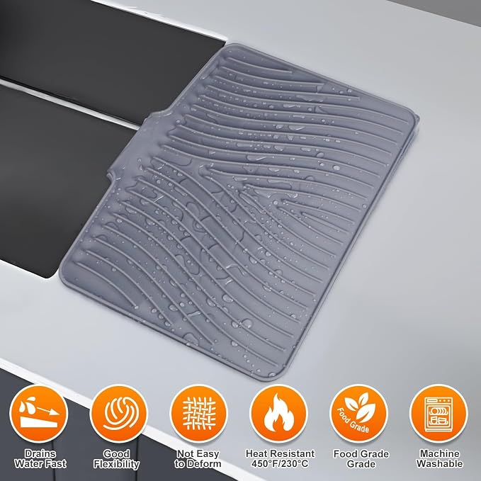 Silicone Dish Drying Mat for Kitchen counter | 19.7"x17" Dish Drainer Mat, Heat-Resistant Kitchen Counter Mat & Over-Sink Drying Tray, Can Be Hung, Grey-1Set-L
