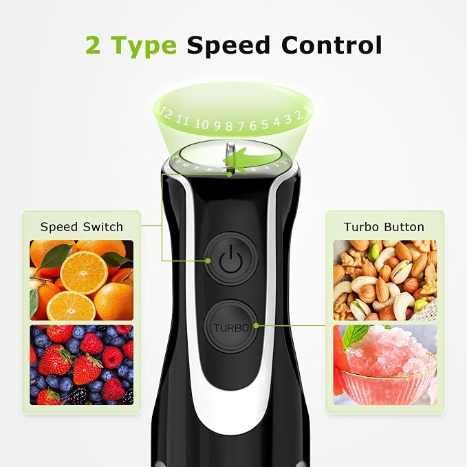 Bonsenkitchen Immersion Blender with Food Processor,12 Speeds & Turbo Mode | 4-In-1 Hand Blender with Stainless Steel Blade, Beaker & Chopper Bowl, Stick Mixer for Baby Food,Smoothies, Soups & Sauces
