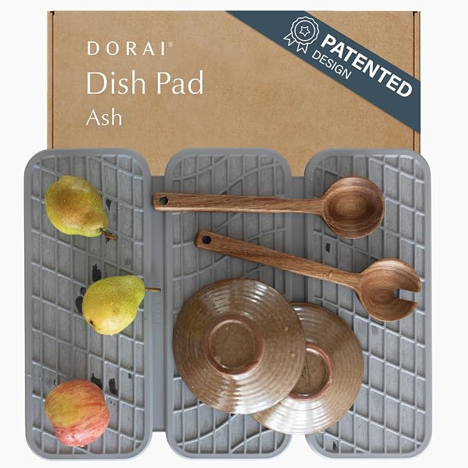Dorai Home Dish Pad - Collapsable Stone Dish Drying Mat with Diatomaceous Earth for Quick Drying - Ultra Absorbent - Encased in Silicone - Eco-Friendly, Foldable - Original 19.9"x15.2", Ash