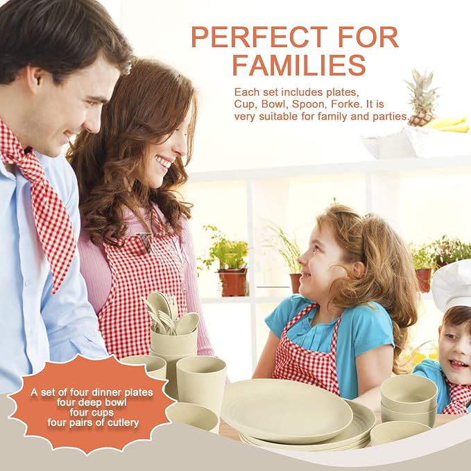 Wheat Straw Dinnerware Sets, 20pcs Lightweight Unbreakable Dinnerware, Microwave Dishwasher Safe Bowls Cups Forks Spoons set,Perfect for Camping Outdoor, Beige