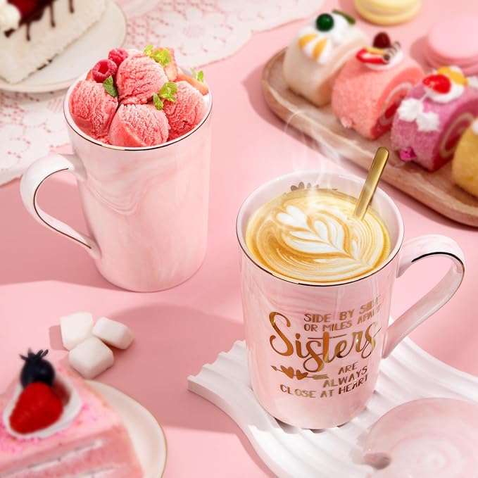 Sister Birthday Gifts for Sister from Brother Sisters, 14oz Sisters Mug | 14oz Pink Marble Coffee Mug with Gold Print, Lid, Spoon, Greeting Card and Elegant Gift Box, Present for Big Sister