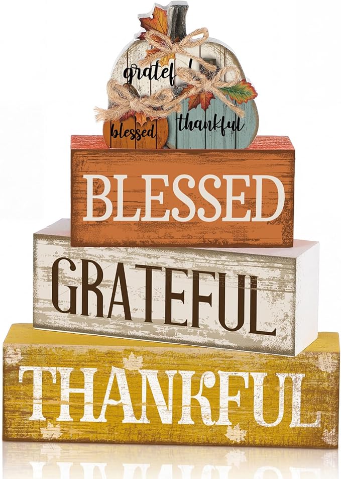 Lineshading 4 Pcs Stacked Pumpkin Block Signs, Fall Thanksgiving Decor | Rustic Wooden Signs with Grateful Blessed Thankful Words, Farmhouse Tabletop Centerpiece for Autumn Tiered Tray Decorations