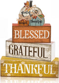 Lineshading 4 Pcs Stacked Pumpkin Block Signs, Fall Thanksgiving Decor | Rustic Wooden Signs with Grateful Blessed Thankful Words, Farmhouse Tabletop Centerpiece for Autumn Tiered Tray Decorations