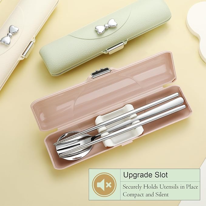 DEVICO Travel Silverware Set with Case,Portable Lunch Utensils Set for Work | 4Pcs 18/8 Stainless Steel Reusable Travel Cutlery Set, Fork and Spoon Set for Camping/School/Lunch Box, Dishwasher Safe, Pink