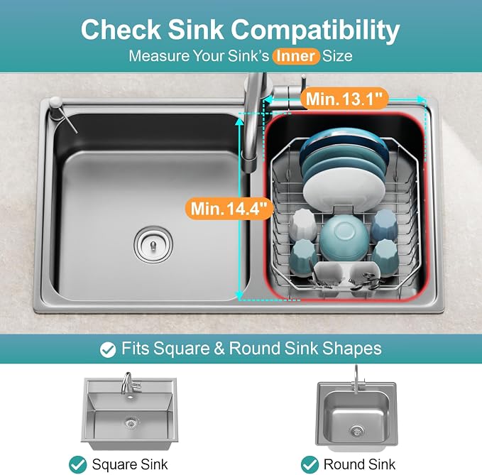 Small in Sink Dish Drying Rack - Stainless Steel for RV Kitchen | Compact Design, Rust-Resistant, Angled Corners Fit Square & Round Sinks, Removable Utensil Holder, Cup Hooks, 13.1"W x 14.4"L