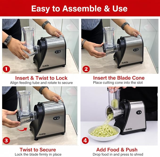 AUDRILO Electric Salad Maker & Cheese Grater, 5-in-1 Electric Vegetable Slicer with Interchangeable Stainless Steel Blades, Electric Food Processor for Cheese, Fruits & Vegetables, Electric Grater