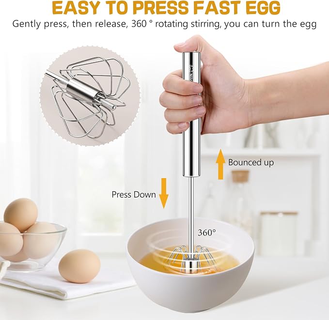 NileHome Stainless Steel Whisk 8" Hand Blender + 10" Semi-Automatic Rotary Kitchen Whisk Kitchen Wisk Wire Whisks for Cooking, Whisking, Blending, Beating, Stirring- 2 Pack...