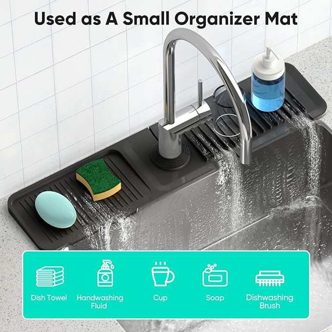 24 Inch Longer Faucet Mat for Kitchen Sink, 5° Slope Fast Self-draining, Kitchen Sink Splash Guard Silicone Sink Faucet Mat Splash Guard Kitchen Sink Area Tidy Splash Faucet Guard Draining Mat
