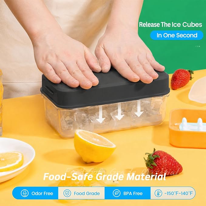 Ice Cube Tray with Lid and Bin, Easy Release 56 Cubes for Freezer | Food-grade BPA-free PP and ABS. Ice cubes for fruit, cocktails, iced coffee. Space-saving stackable with scoop