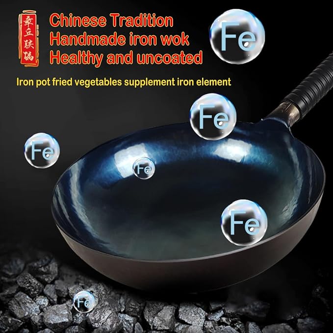 13-Inch Carbon Steel Wok, Round Bottom Traditional Chinese Wok with Rubber Handle and Wooden Lid, Uncoated Non-Stick Wok for Gas Stoves, Home Cooking, Camping, and as a Gift