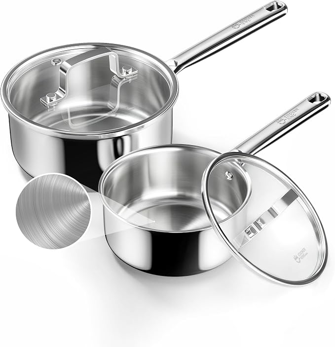 COOKER KING Sauce Pan Set, 1.5 QT & 2 QT Saucepan with Lid, Metal Utensils Safe, No Coating (PFAS/PFOA/PTFE Free), Dishwasher-Friendly, Oven-Safe Up to 900°F, Induction Ready