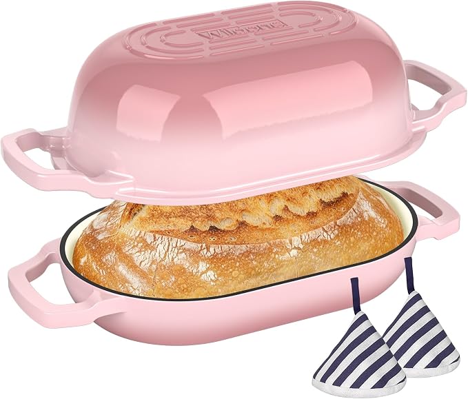 Wildone Enameled Cast Iron Dutch Oven Pot with Lid, Oval Bread Oven | Loaf Cast Iron Bread Pan for Homemade Bread Baking, Meatloaf Pan with Lid, 5.5QT, Pink