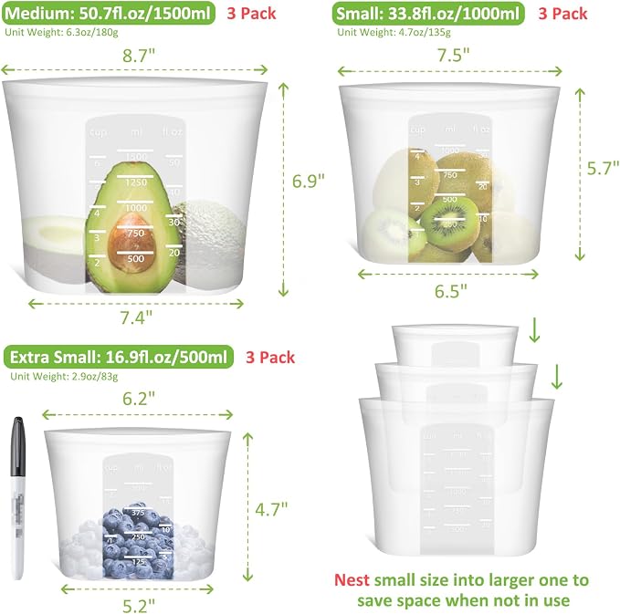100% Silicone Reusable Storage Bag, 9 Pack Stand-Up Wide-Mouth Zip-Lock Food Storage Bags, Easy-Fill Easy-Open Easy-Clean Space-Saving, Microwave & Dishwasher Safe, 3 M/3 S/3 XS, Translucent