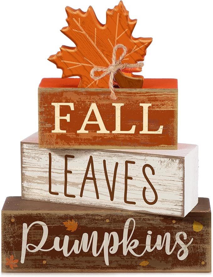 Lineshading 4 Pcs Fall Wood Block Signs Farmhouse Tabletop Decor Pumpkin | Rustic Stacked Blocks with Maple Leaf, Tiered Tray Mantel Decor, Harvest Thanksgiving Accents, Distressed Wood Finish