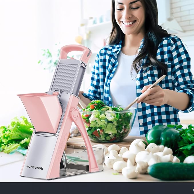 All-in-1 Safe Mandoline Slicer for Kitchen, Food Chopper with Container | 0.1-8mm Thickness Vegetable Chopper, Safe Mandoline Slicer, Potato French Fry Cutter Tomato Apple Slicer Onion (Pink)