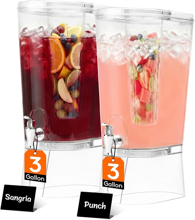 Lifewit 3 Gal Drink Dispenser with Fruit Infuser & Leak-Proof Spigot, 2 Pcs | Large Capacity for Gathering & Commercial Use, BPA-free Plastic Beverage Container with Stand for Lemonade, Soda & Mimosa bar