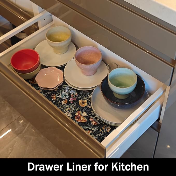 Black Mushroom Shelf Drawer Liner for Kitchen Cabinets 16IN x 10FT | Non-Adhesive, Waterproof Strong Non-Slip Shelf Cabinet Drawer Liners for Dresser Table Cupboard Liners,Easy to Clean