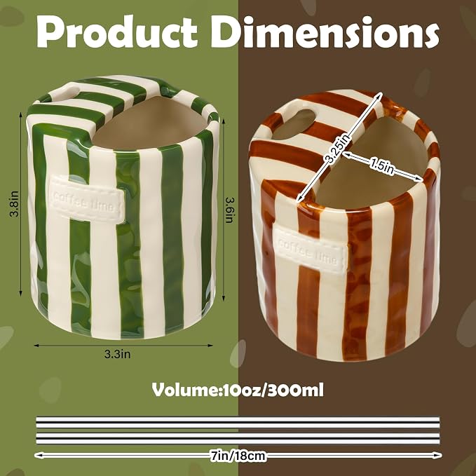 2 Pack Ceramic Mug with Sip Hole, Simple, Green, Brown | 10oz Ceramic Coffee Cup with Straws, Retro Hand Painted Striped, for Iced Coffee Tea Latte Espresso, Kitchen Dining Travel