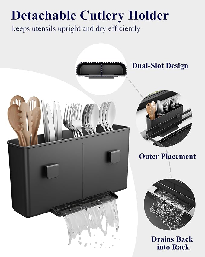 Kitsure Multi-Functional Dish Drying Rack, 15.7" x 12.0" x 5.5", Black | Dish Rack for Kitchen Counter with Cutlery Holder, Rust-Proof Drying Rack Kitchen, Kitchen Sink Organization