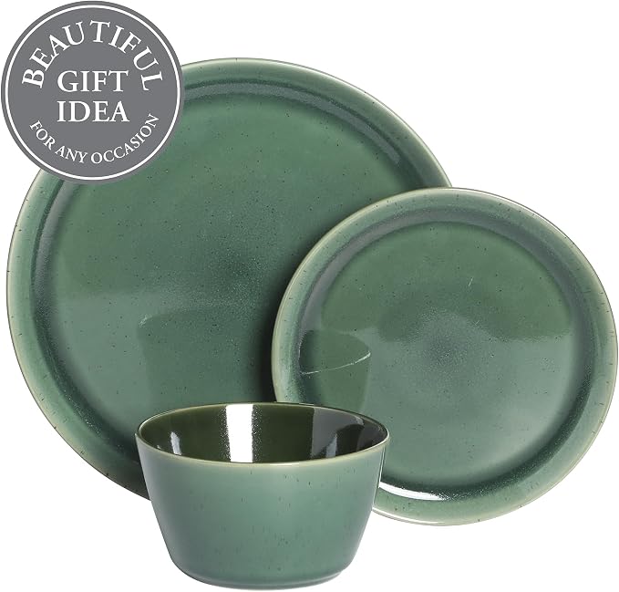 Gibson Elite 12 Piece (Service for 4) Fern Canyon Plates and Bowls Reactive Glaze Modern Coupe Round Dishes Stoneware Ceramic Dinnerware Set - Glossy Green